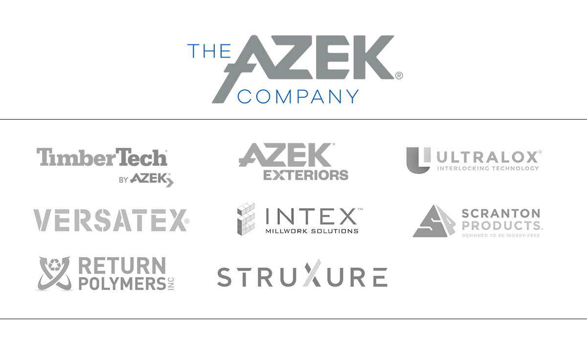 The AZEK Company's family of brands. Logos displayed: The AZEK Company, TimberTech by AZEK, AZEK Exteriors, Ultralox Interlocking Technology, Versatex, INTEX Millwork Solutions, Scranton Products, Return Polymers INC, Struxure